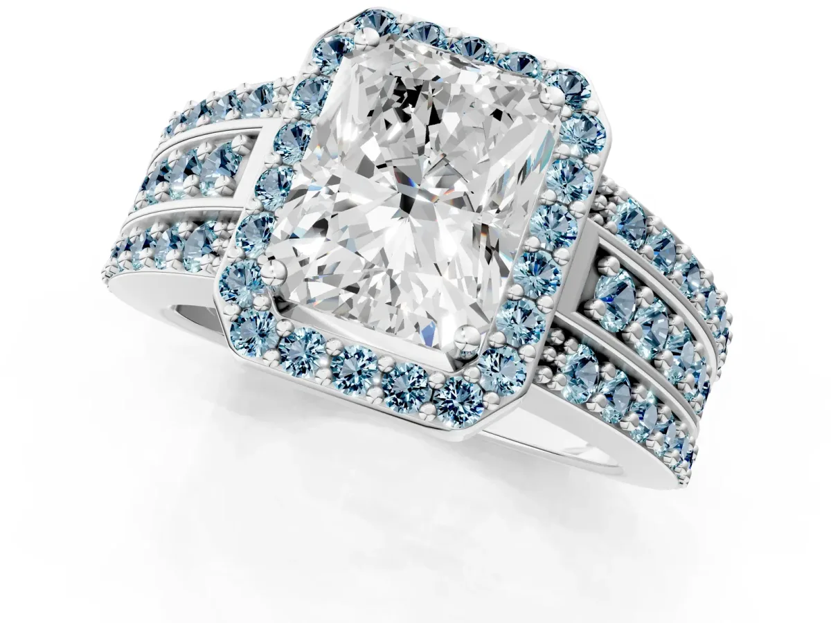 Radiant Cut Halo Diamond Ring with Round Aquamarine Split Shank and Prong Setting Silver