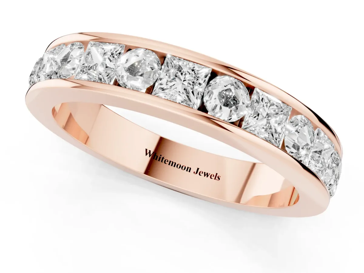 Princess Diamond Channel Set Promise Ring with Round Diamond Accents Rose gold