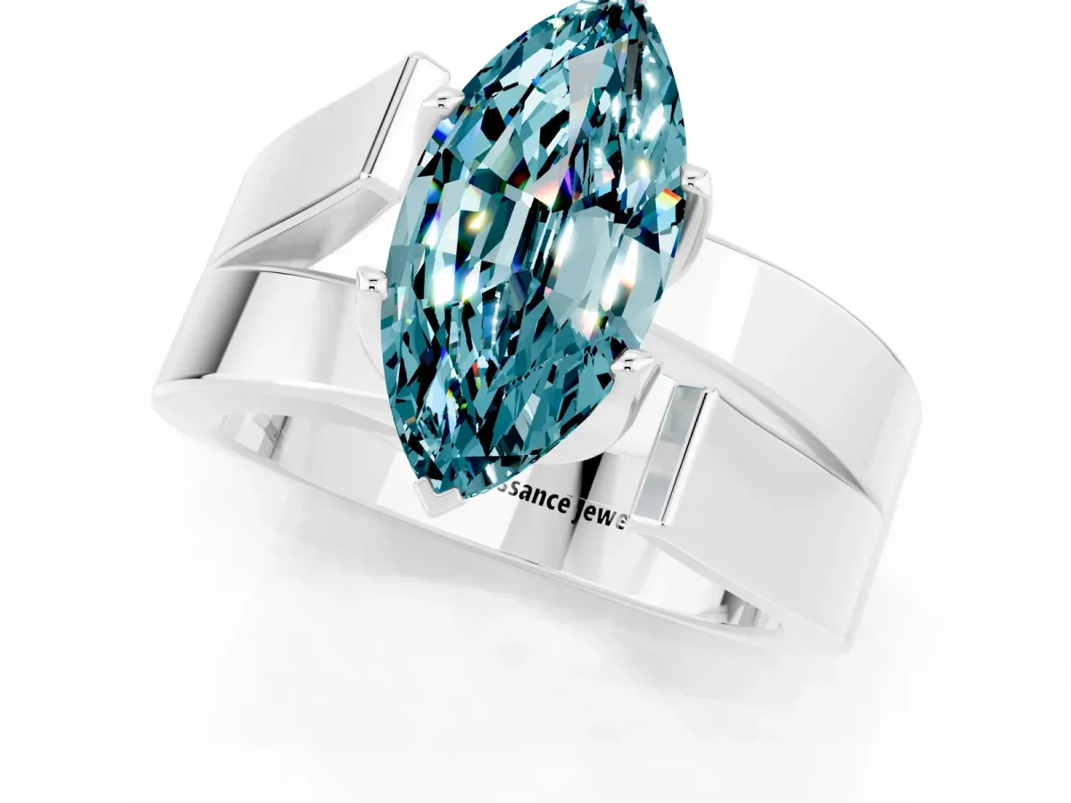 Modern Tension Set Marquise Cut Blue Topaz Solitaire Wide Band Ring Silver