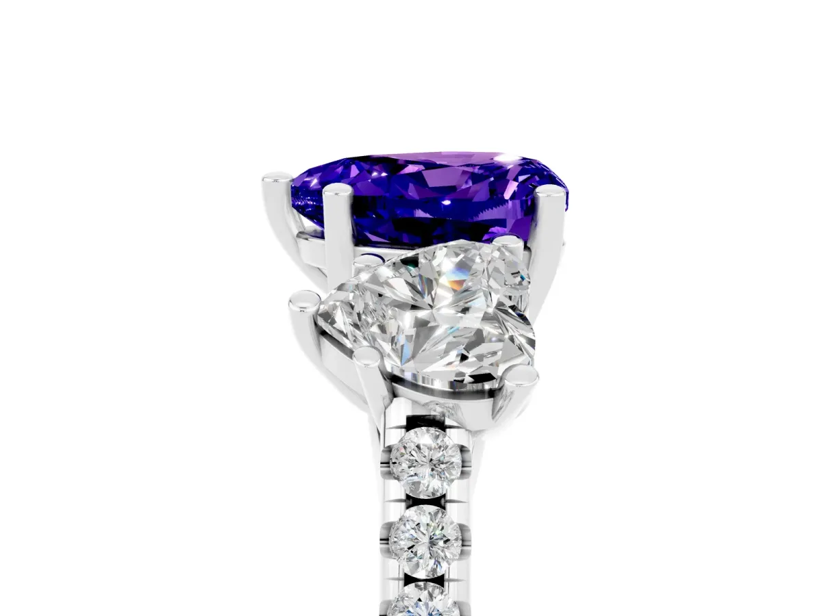 Three-Stone Heart Cut Tanzanite Ring with Round Pavé Band and Prong Setting Silver