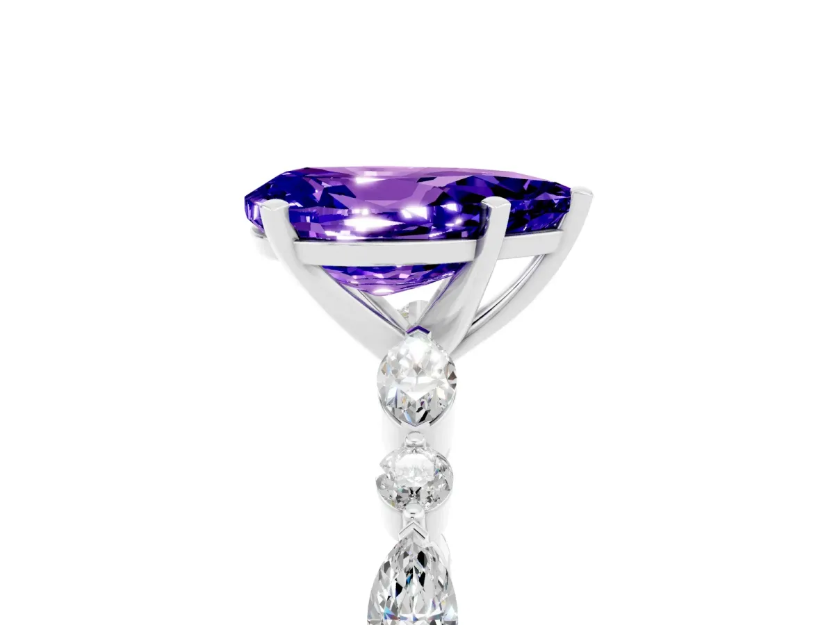 Pear Cut Tanzanite Ring with Marquise and Round Side Stones and Four-Prong Setting Silver