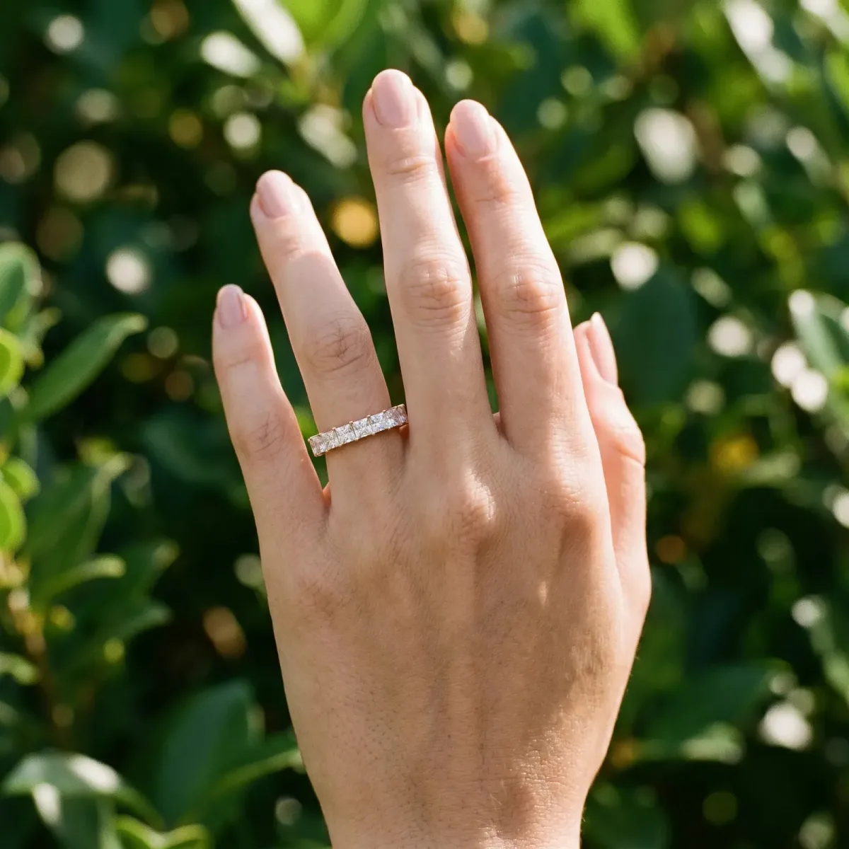 Princess Cut Diamond Eternity Band with Channel Setting and Shared Prong Rose gold