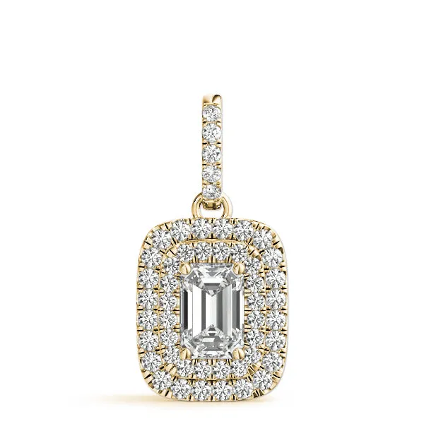 Emerald Cut Double Halo Diamond Pendant with Prong Setting Yellow gold