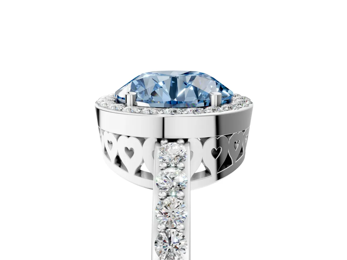 Fancy Blue Round Cut Halo Diamond Pavé Band Ring with Prong Setting Platinum