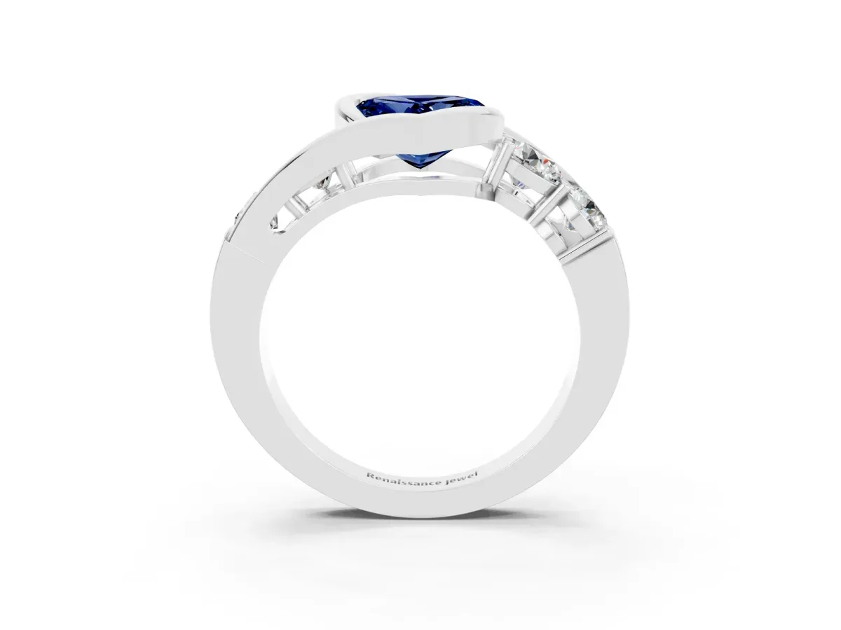Bezel Set Heart Cut Blue Sapphire Bypass Ring with Round Accents Silver