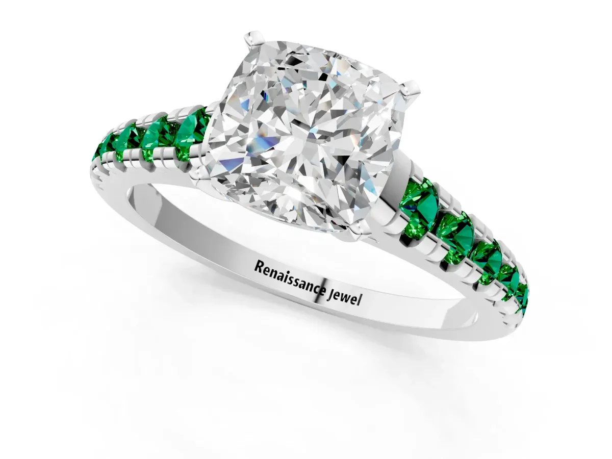 Cushion Cut Diamond Cathedral Solitaire Ring with Round Emerald Pavé Band Silver