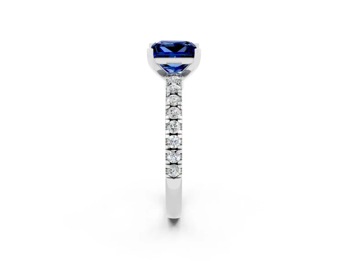 Princess Cut Solitaire Blue Sapphire with Pavé Band and Four-Prong Setting Silver