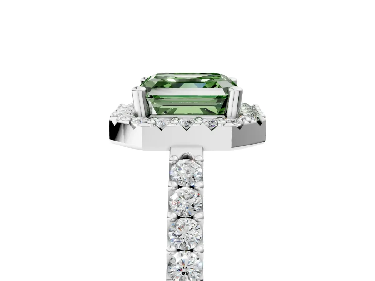 Fancy Green Asscher Cut Halo Diamond Pavé Solitaire Ring Platinum