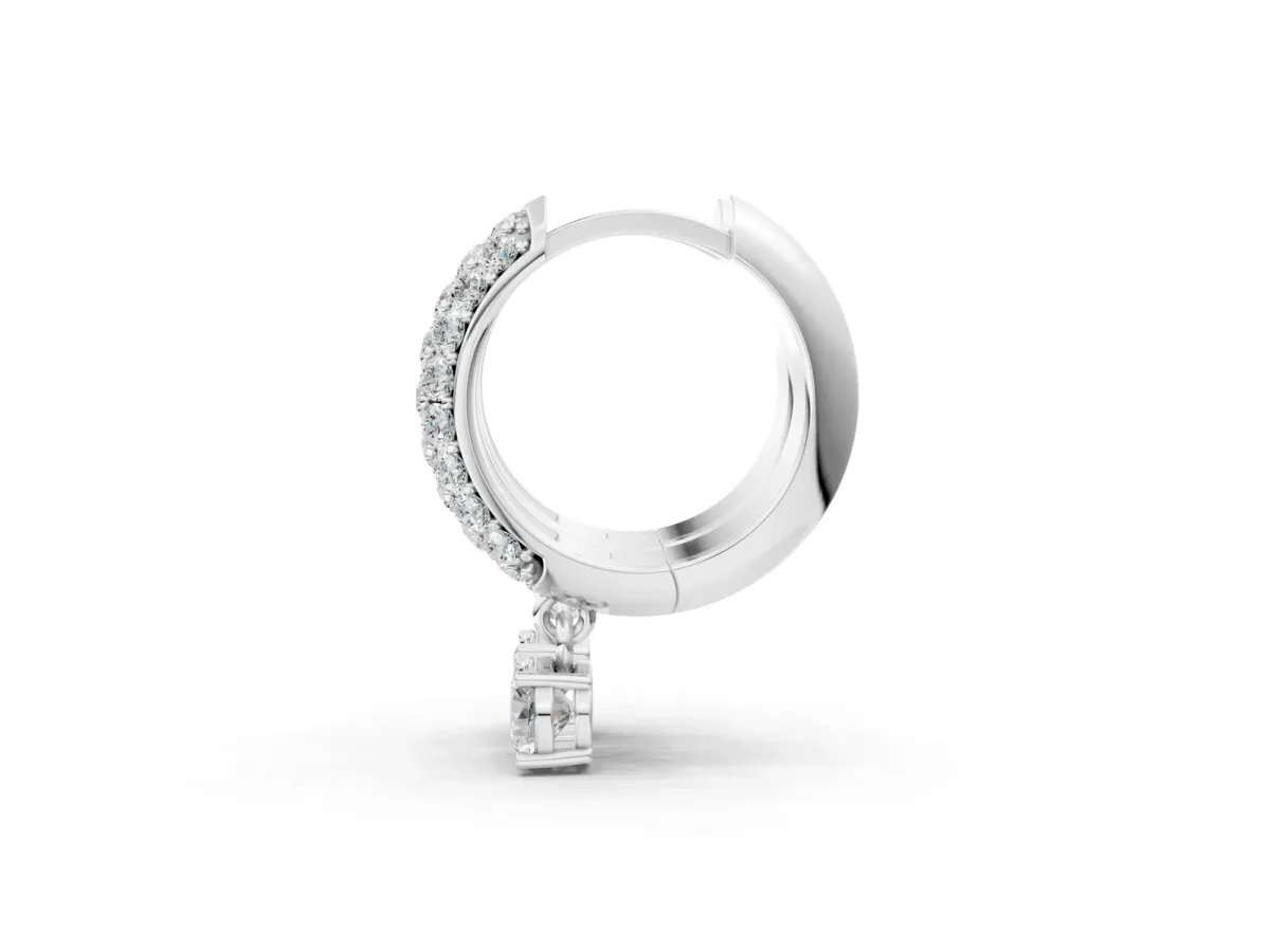 Round Cut Diamond Drop Huggie Hoop Earrings with Pavé Detailing Silver