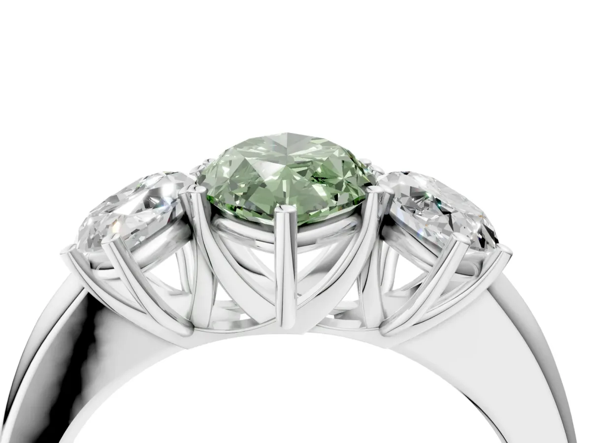 Fancy Green Marquise Cut Diamond Three-Stone Ring with Four-Prong Setting and Classic Band Platinum