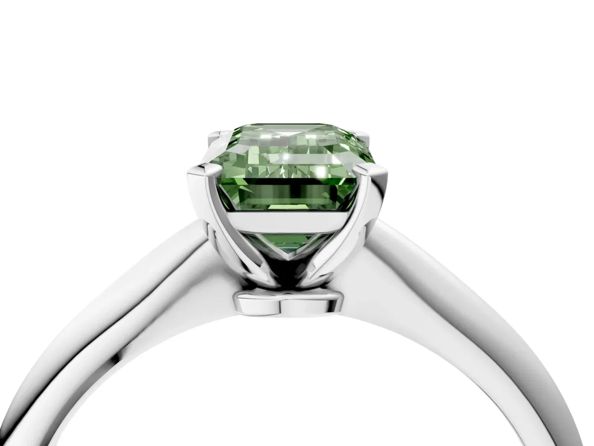 Fancy Green Emerald Cut Diamond Solitaire Engagement Ring with Classic Band and Four-Prong Setting Silver