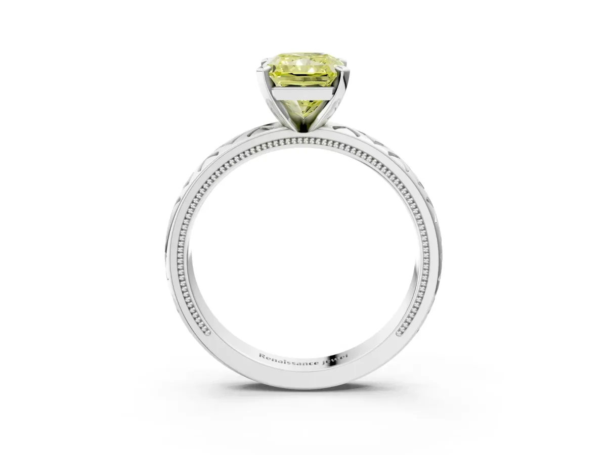 Fancy Yellow Radiant Cut Solitaire Diamond Ring with Milgrain and Black Enamel X Pattern Band Platinum