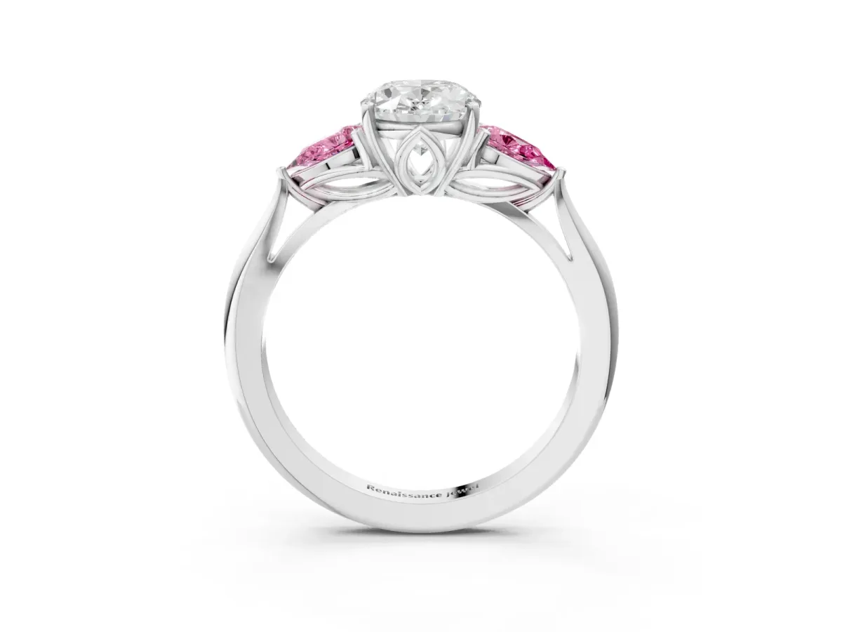 Oval Cut Diamond Three-Stone Ring with Pear Pink Sapphire Side Stones and Prong Setting Silver