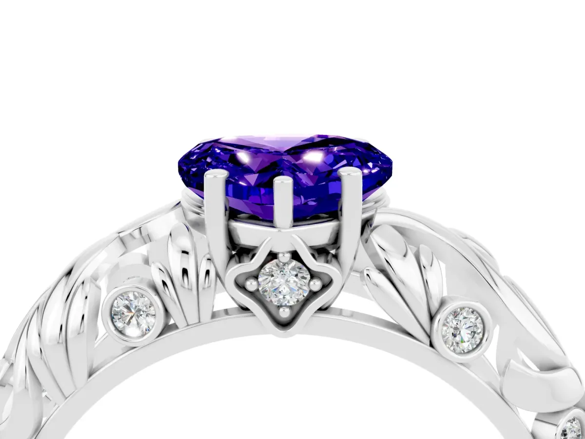 Heart Cut Solitaire Tanzanite Leaf-Inspired Vine Band Ring with Prong Setting Platinum