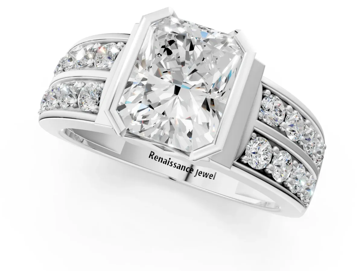 Radiant Cut Brilliant Diamond Channel Set Wide Band Ring with Bezel Setting Platinum