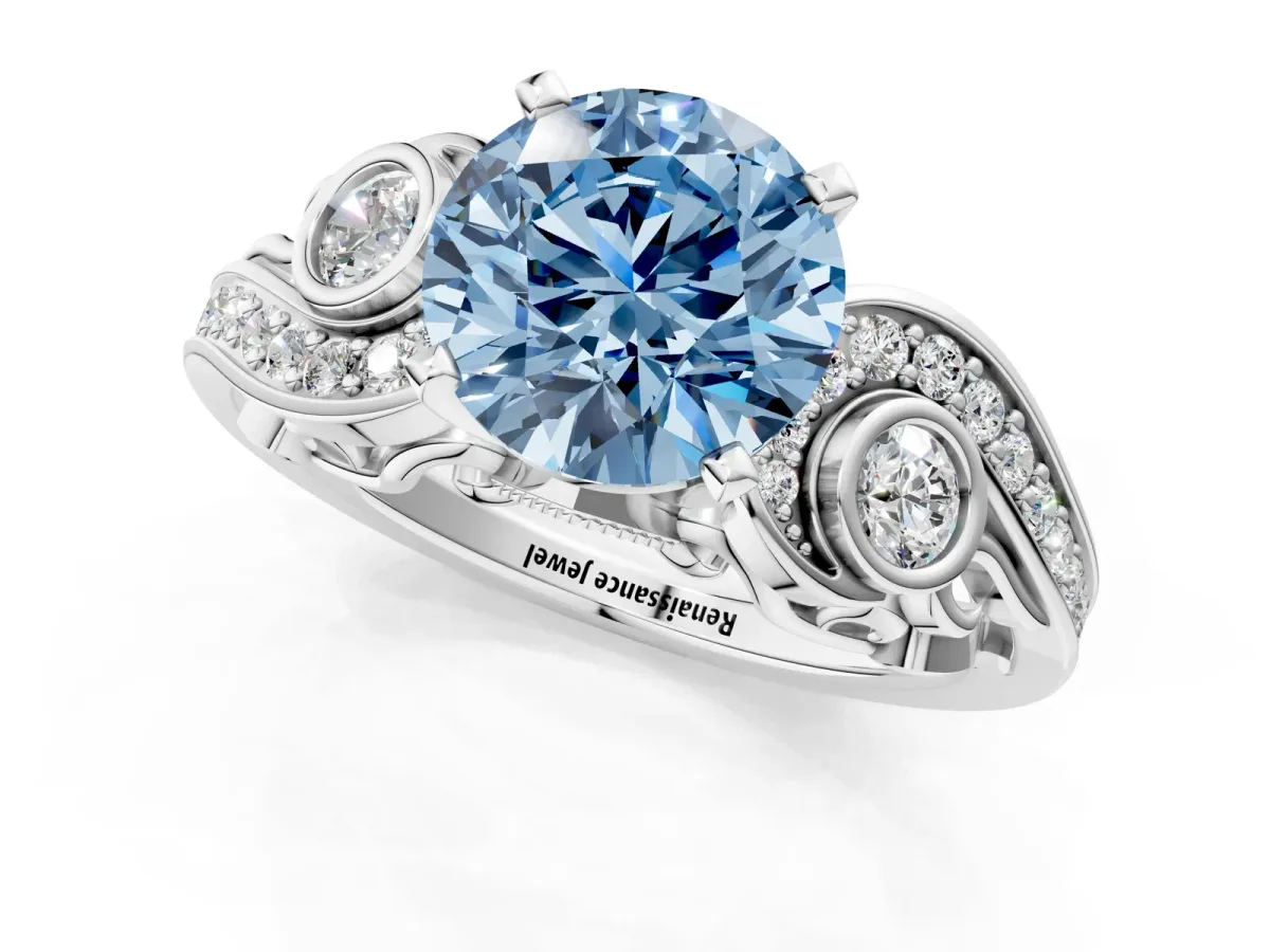 Fancy Blue Round Cut Diamond Solitaire Ring with Milgrain Pavé Band and Four-Prong Setting Silver