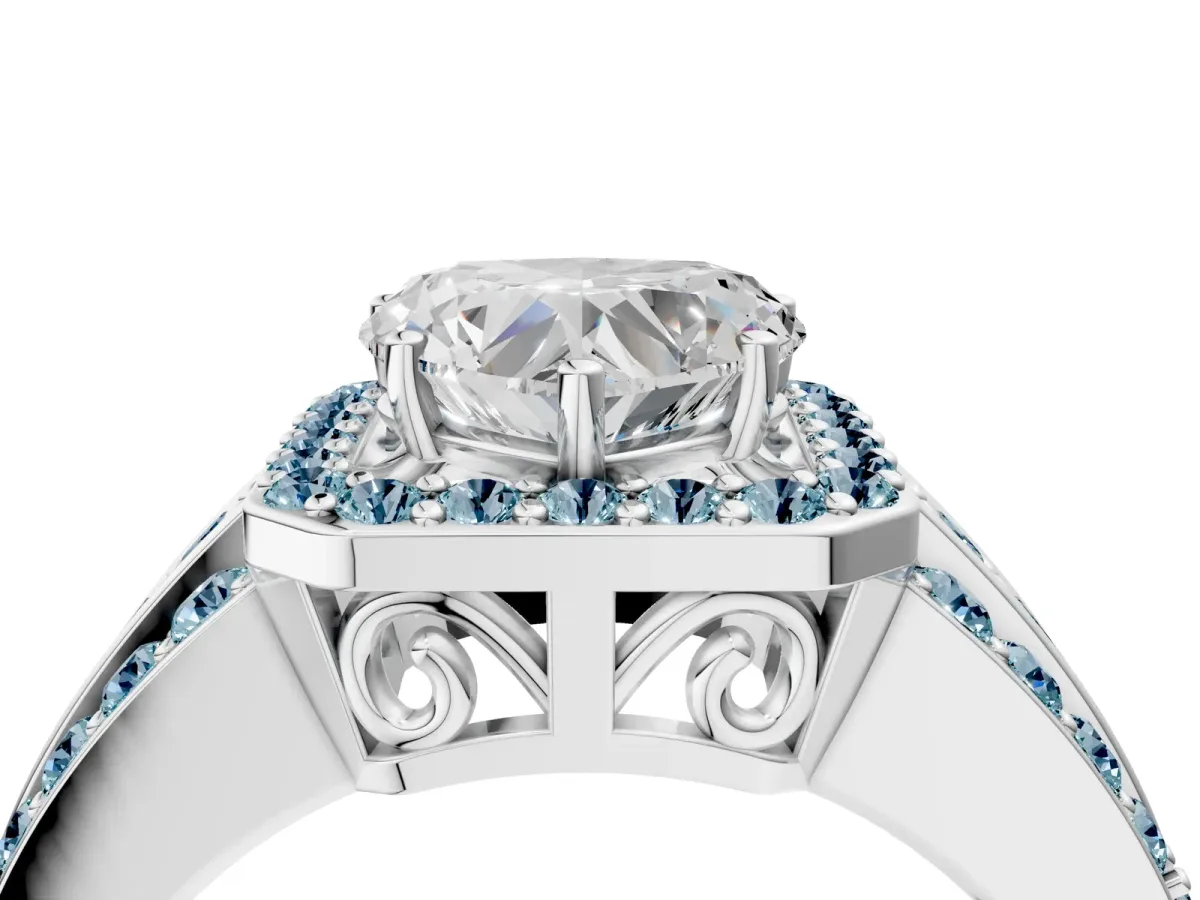 Heart Cut Halo Diamond Ring with Round Aquamarine Split Shank and Prong Setting Silver