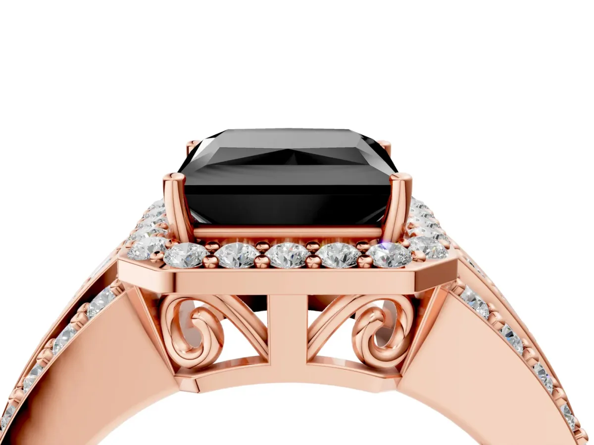 Fancy Black Princess Cut Halo Diamond Ring with Round Split Shank and Prong Setting Rose gold