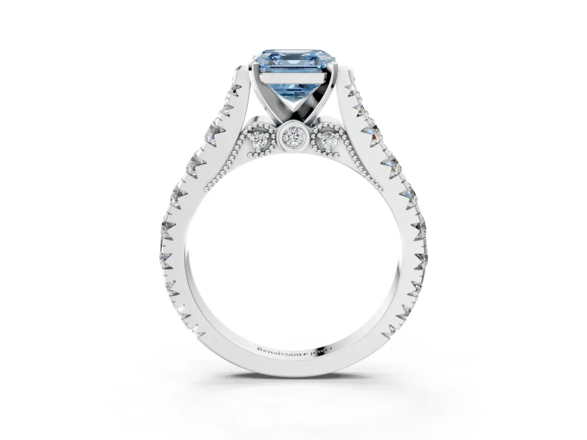Fancy Blue Asscher Cut Diamond Classic Solitaire Ring with Pavé Band and Four-Prong Setting Platinum