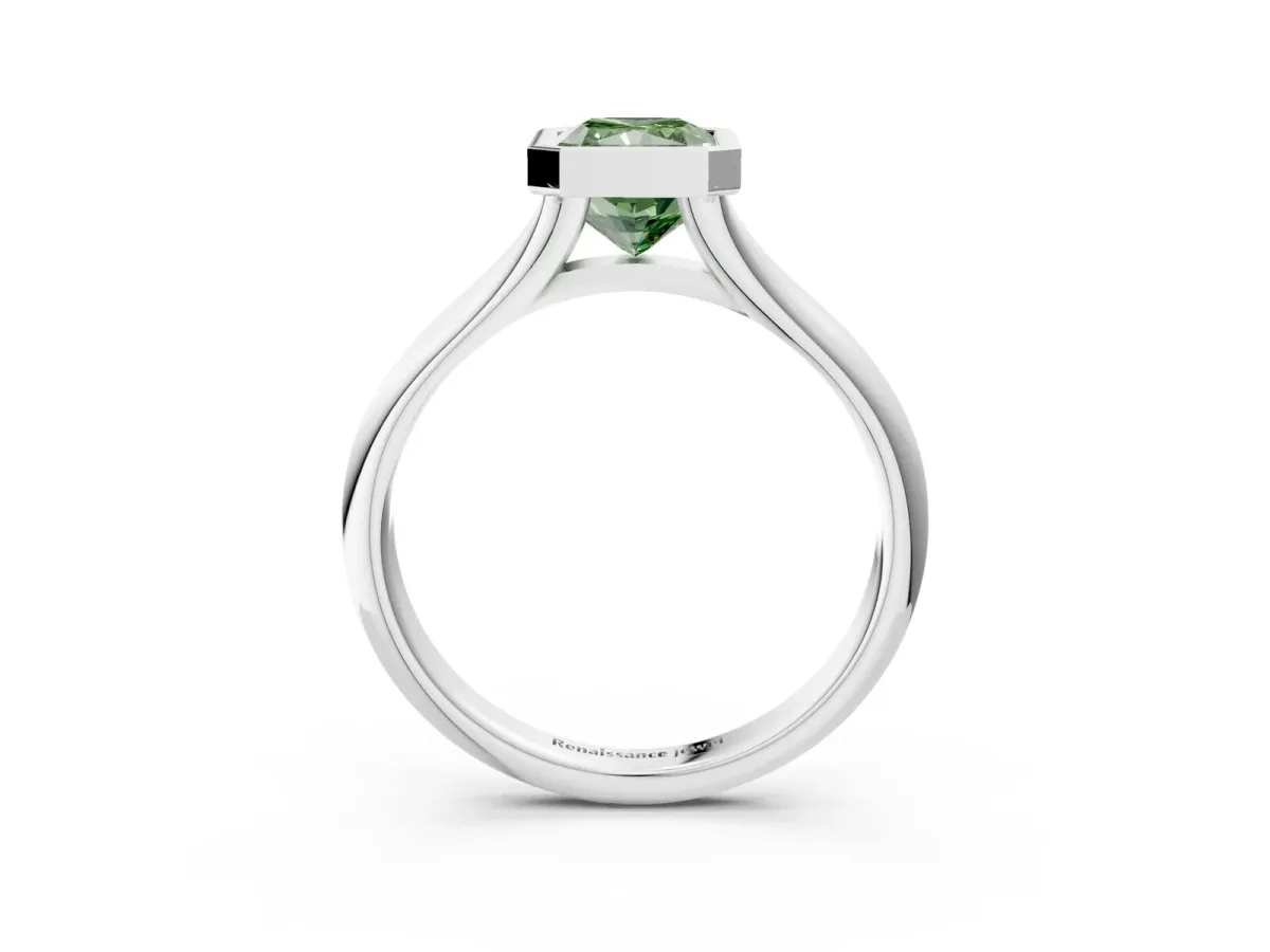 Fancy Green Bezel Set Radiant Cut Solitaire Diamond Ring with Smooth Band Platinum