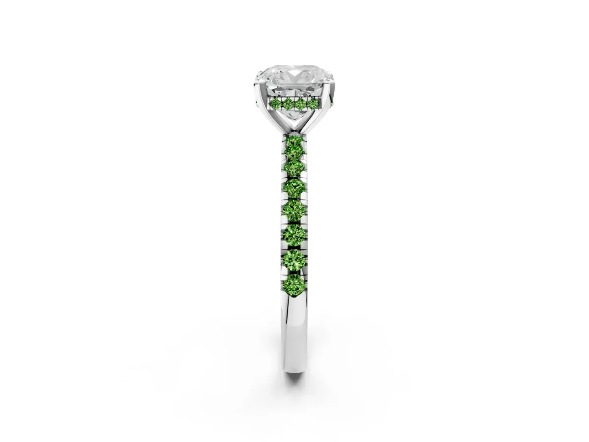 Cushion Cut Diamond Solitaire Ring with Round Peridot Pavé Band and Four-Prong Setting Silver