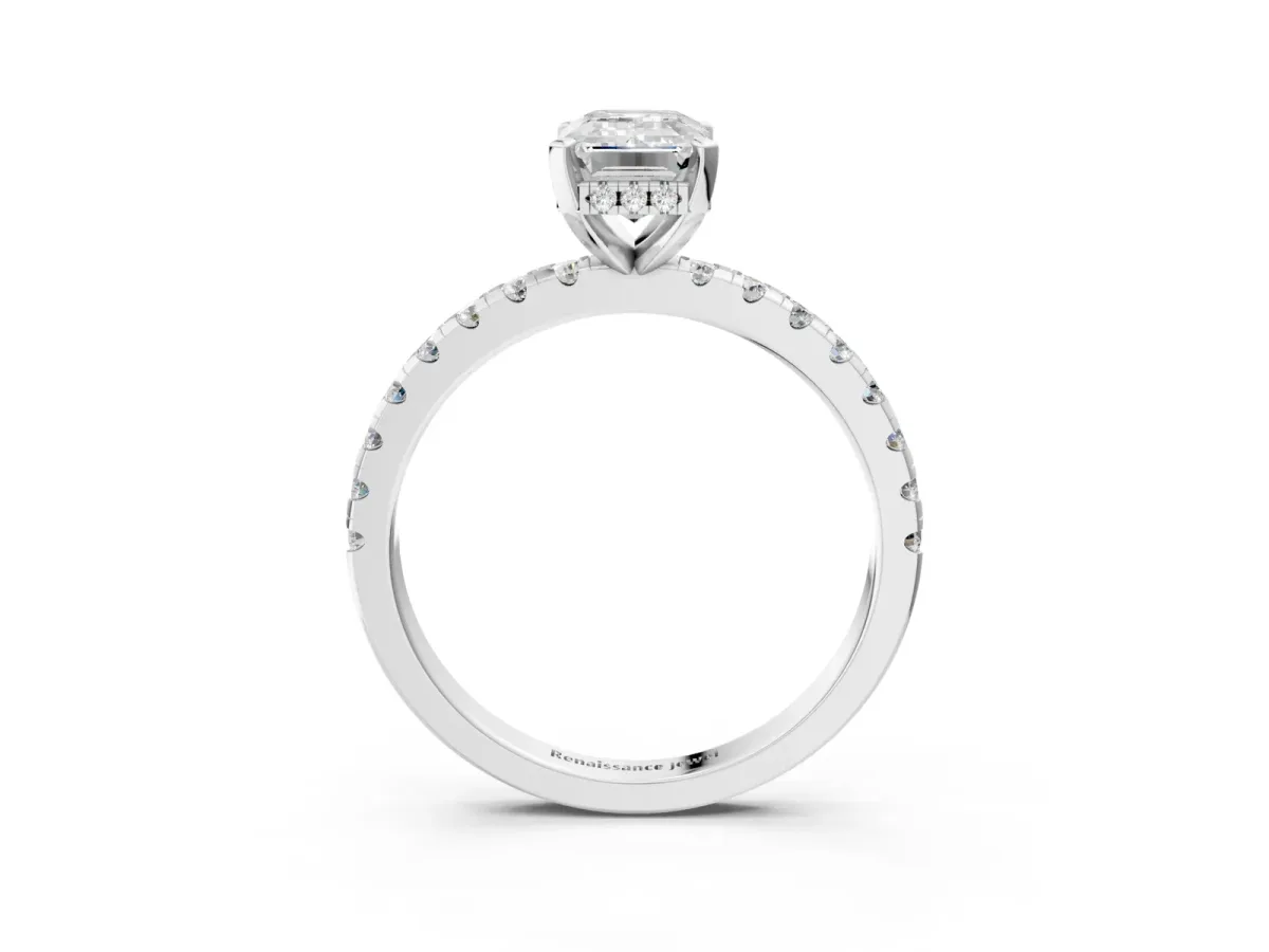 Emerald Cut Diamond Solitaire Ring with Round Moissanite Pavé Band and Four-Prong Setting Silver