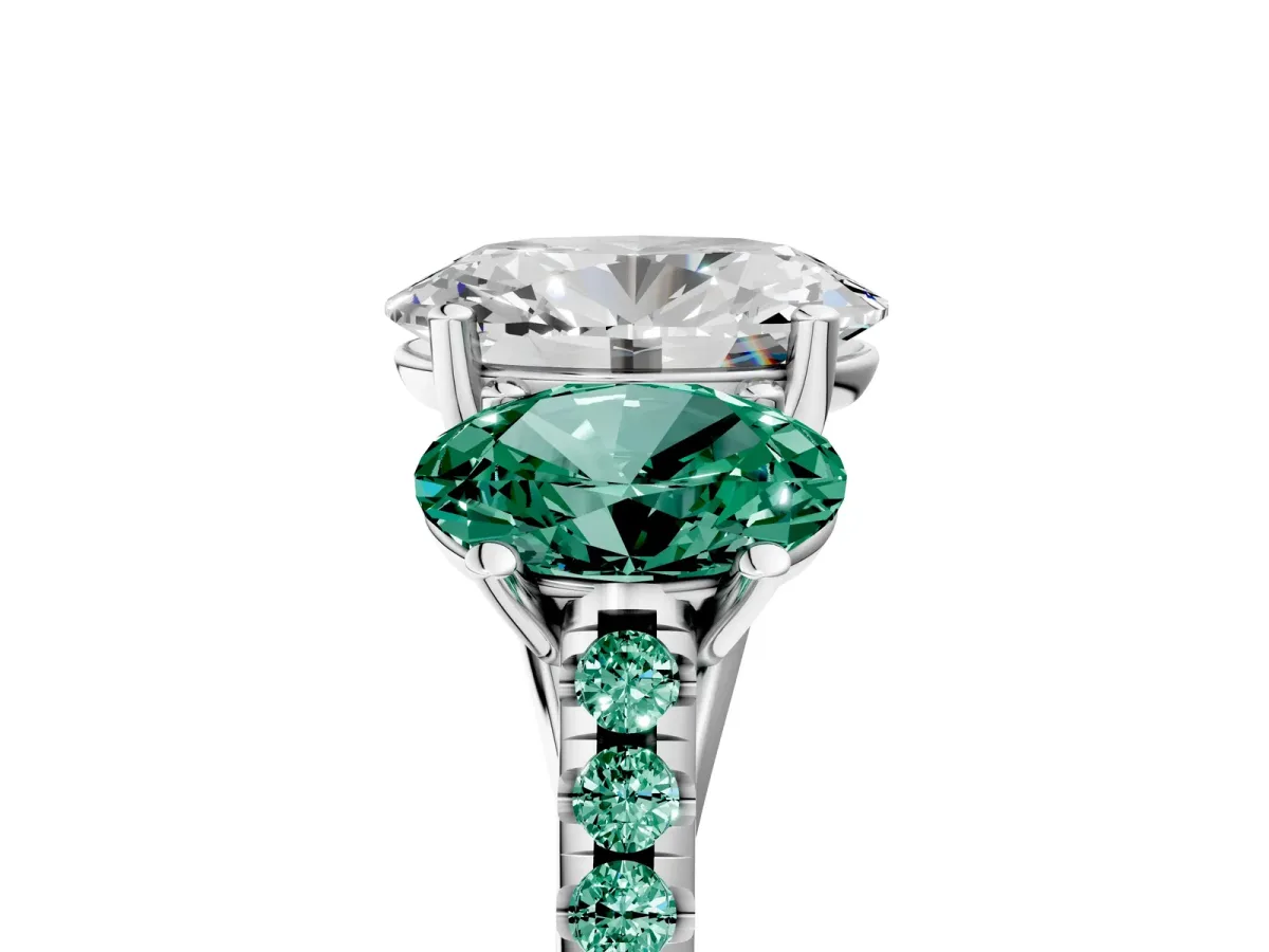Three-Stone Oval Cut Diamond Ring with Round Green Sapphire Pavé Band and Prong Setting Silver
