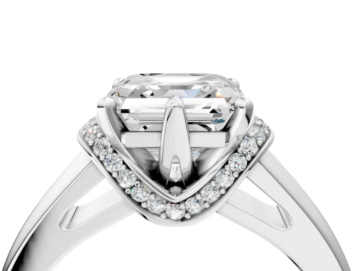 Asscher Cut Solitaire Diamond Ring with Pave Band and Six-Prong Setting White gold