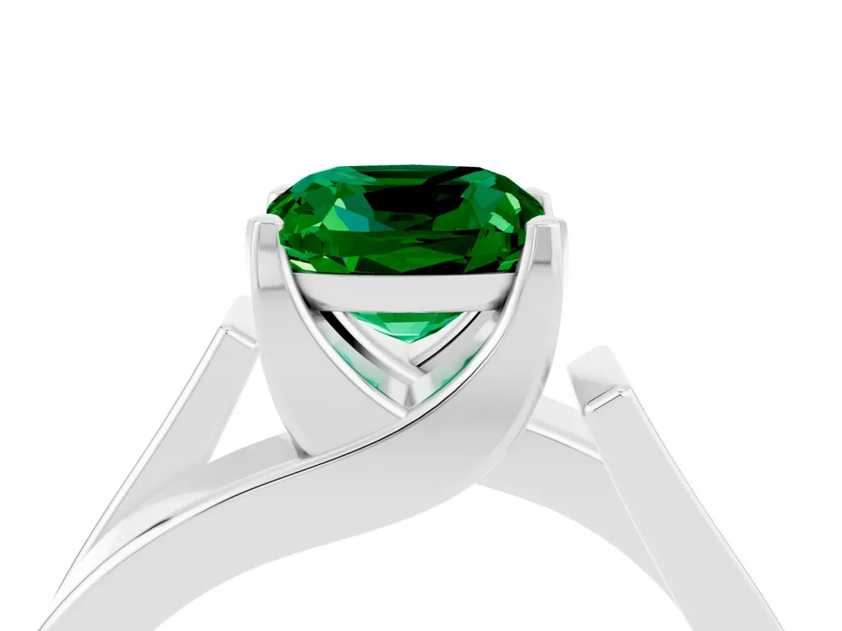 Modern Tension Set Cushion Cut Emerald Solitaire Wide Band Ring Silver
