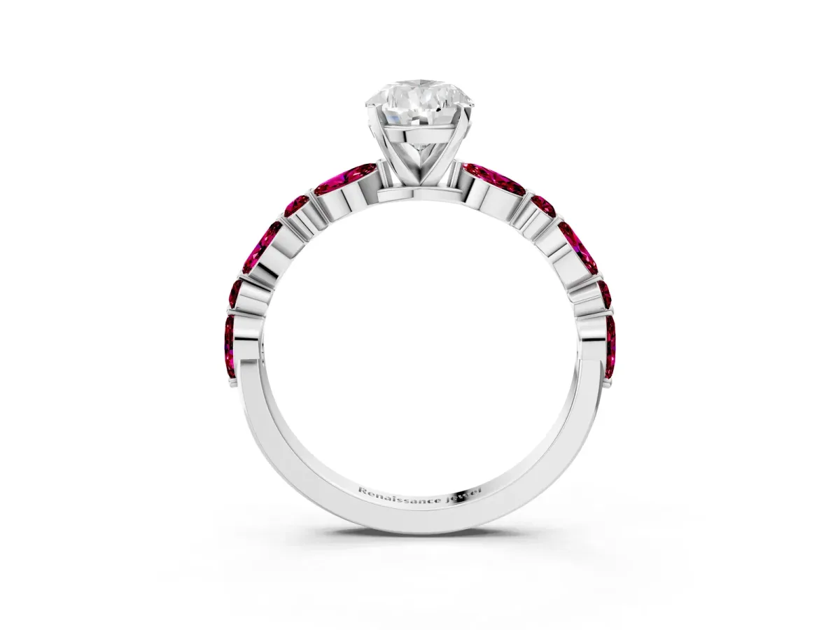 Pear Cut Diamond Ring with Marquise and Round Garnet Side Stones and Four-Prong Setting Silver