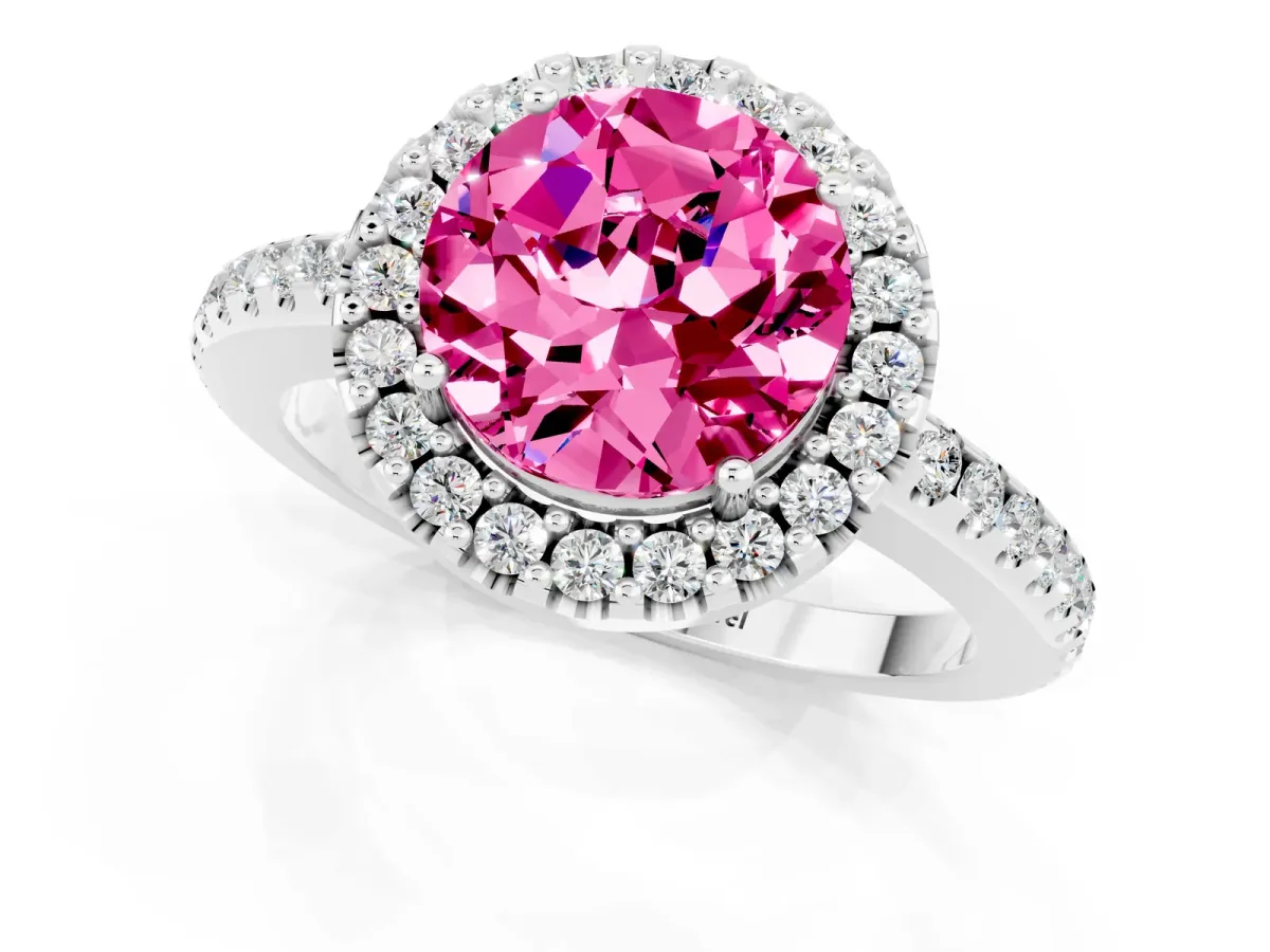 Round Cut Pink Sapphire Pavé Halo Ring with Four-Prong Setting Platinum