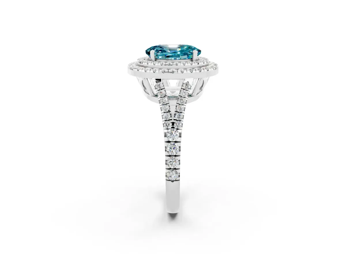Oval Cut Blue Topaz Double Halo Ring with Pavé Band and Prong Setting Silver