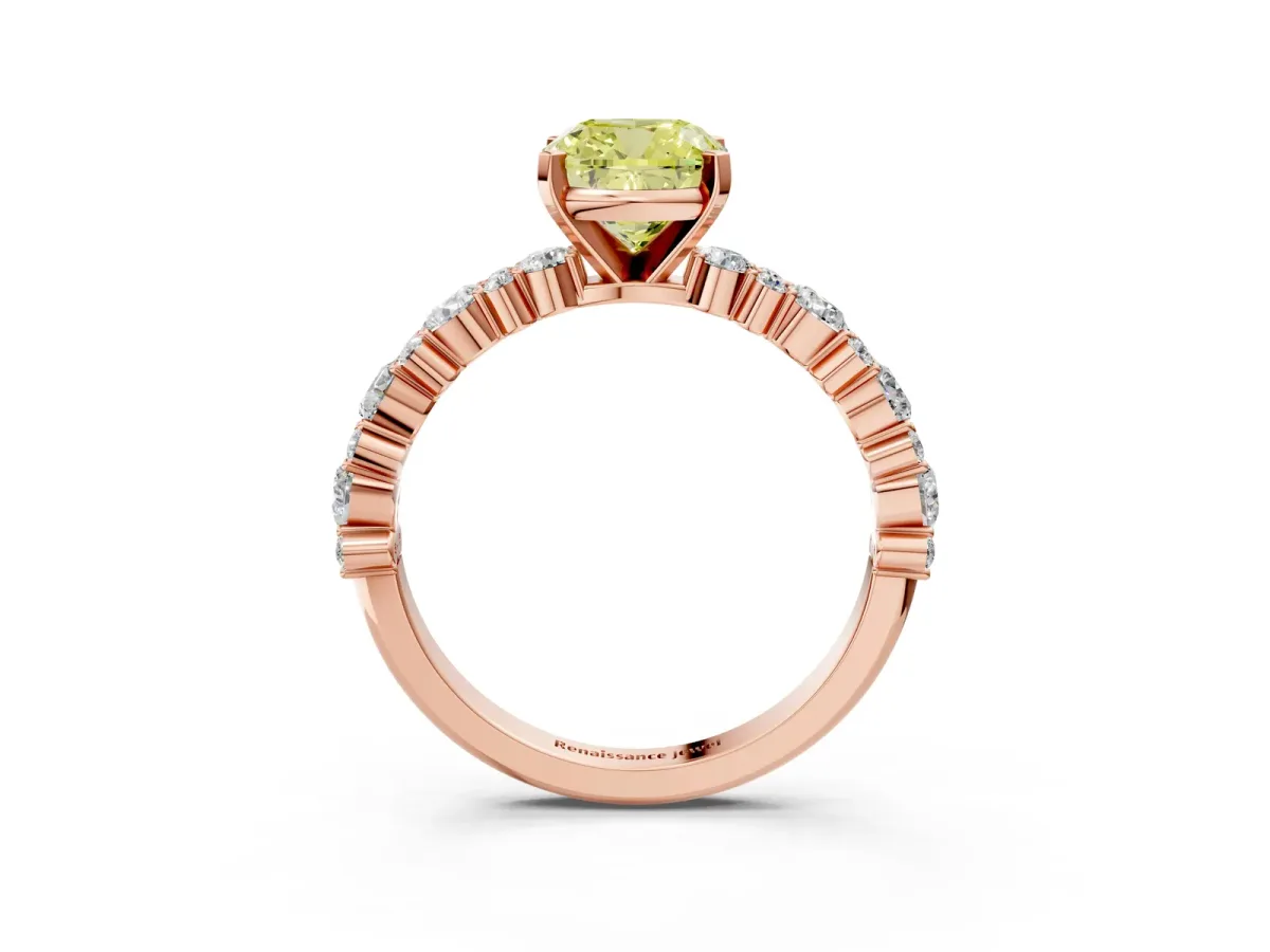 Fancy Yellow Cushion Cut Diamond Side Stone Solitaire Ring with Round and Four-Prong Setting Rose gold