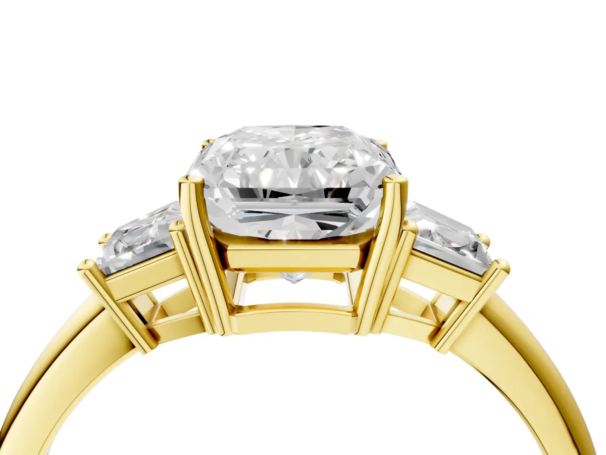 Radiant Cut Diamond Three-Stone Ring with Trapezoid Side Stones and Prong Setting Yellow gold