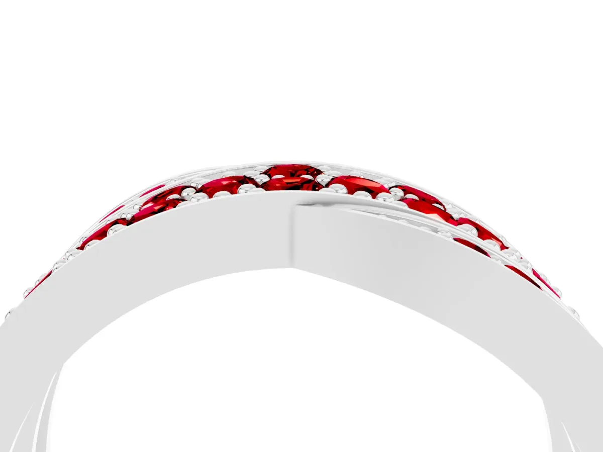 Pavé Round Ruby Crossover Band with Bead Prong Setting Platinum