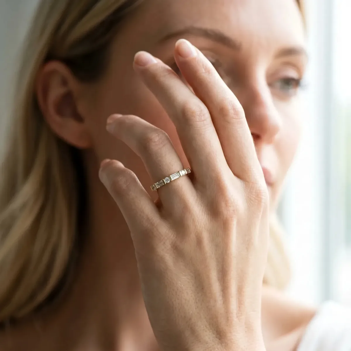 Baguette and Round Diamond Channel Set Half Eternity Band with Bar Prong Setting Yellow gold