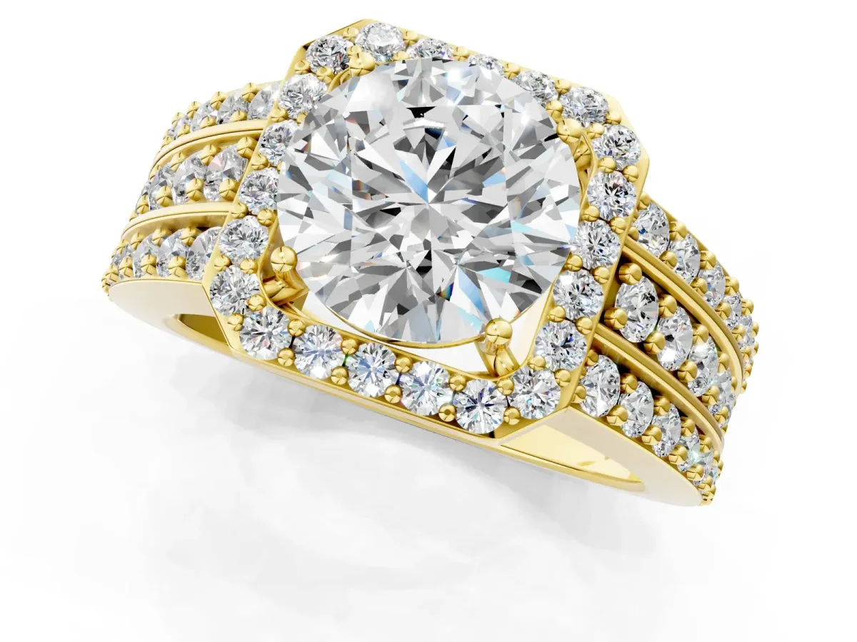 Round Cut Halo Diamond Ring with Round Split Shank and Prong Setting Yellow gold