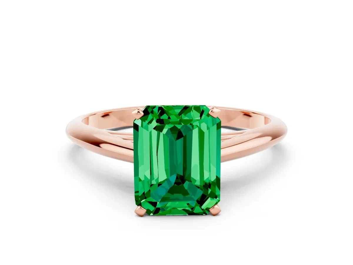 Emerald Cut Emerald Solitaire Engagement Ring with Cathedral Setting and Four-Prong Mount Rose gold
