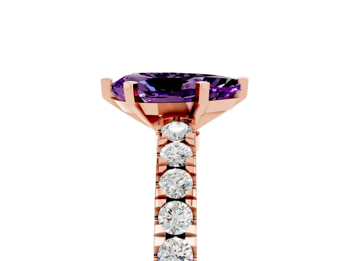 Pear Cut Solitaire Amethyst with Pavé Band and Four-Prong Setting Rose gold