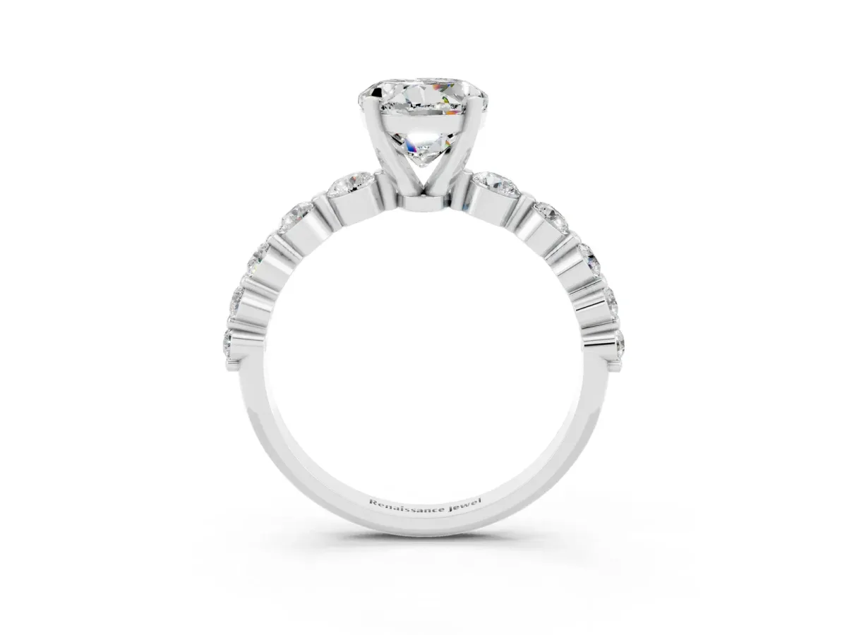Round Cut Solitaire Moissanite Ring with Pave Band and Four-Prong Setting Silver