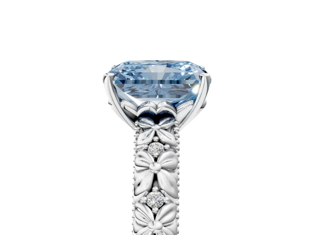 Fancy Blue Radiant Cut Solitaire Floral Milgrain Engagement Ring Platinum