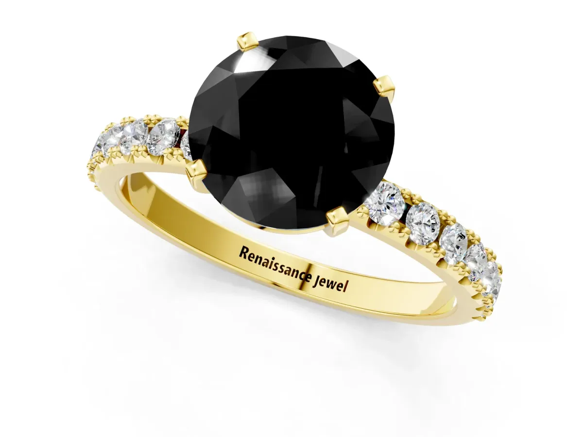 Fancy Black Round Cut Diamond Solitaire Pavé Band with Four-Prong Setting Yellow gold