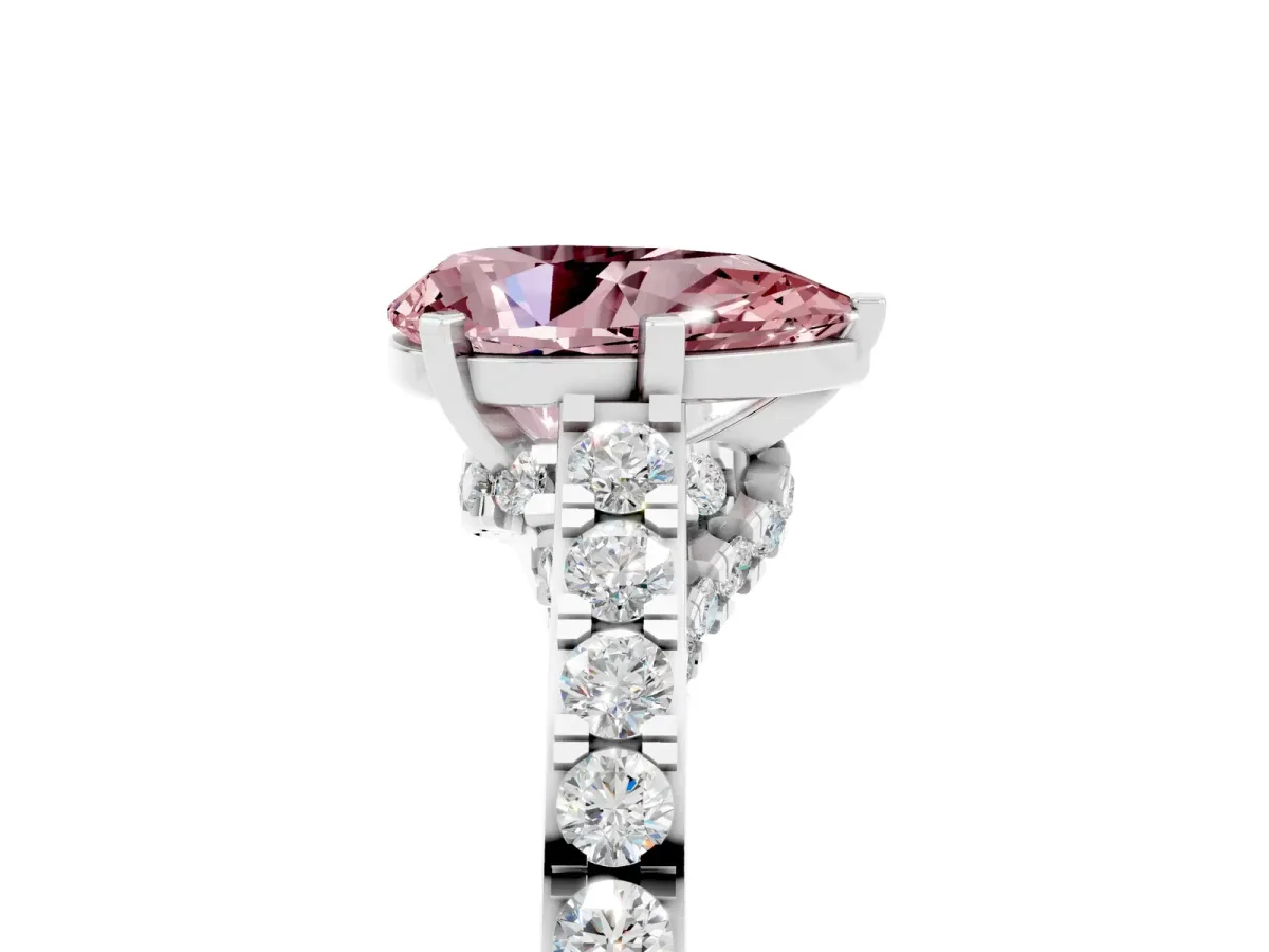 Pear Cut Morganite Solitaire Ring with Crossover Gallery and Round Pavé Band Silver