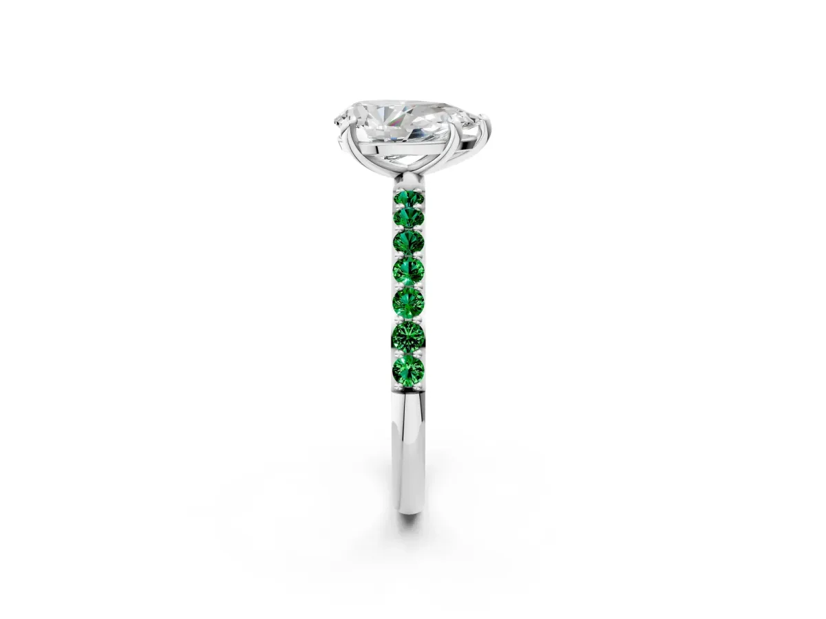 Pear Cut Diamond Solitaire Ring with Round Emerald Pavé Band and Prong Setting Silver