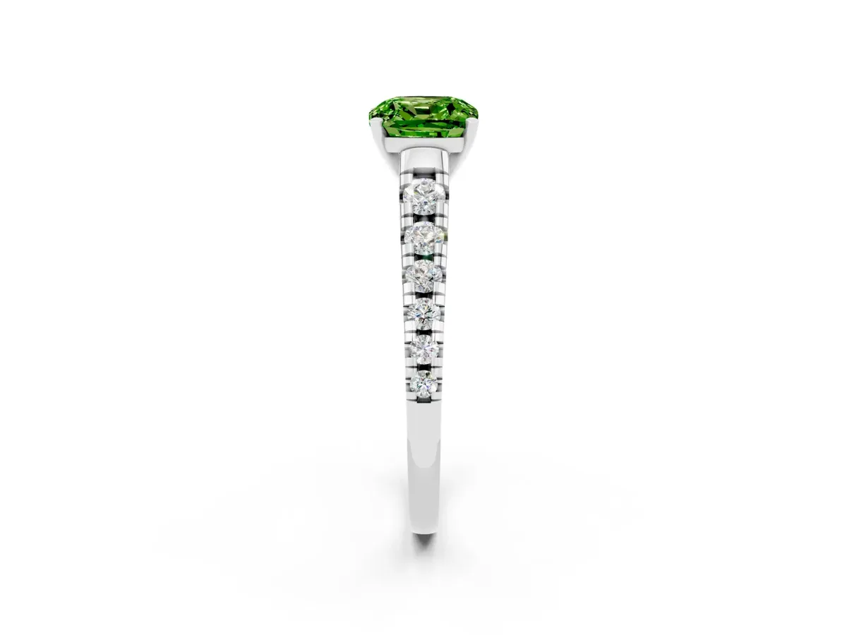 Cushion Cut Peridot Cathedral Solitaire Ring with Round Pavé Band Platinum