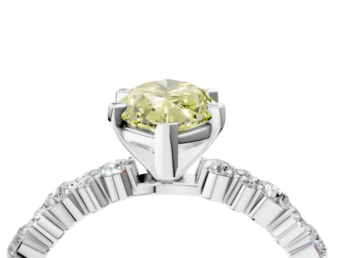 Fancy Yellow Marquise Cut Diamond Side Stone Solitaire Ring with Round and Four-Prong Setting Silver