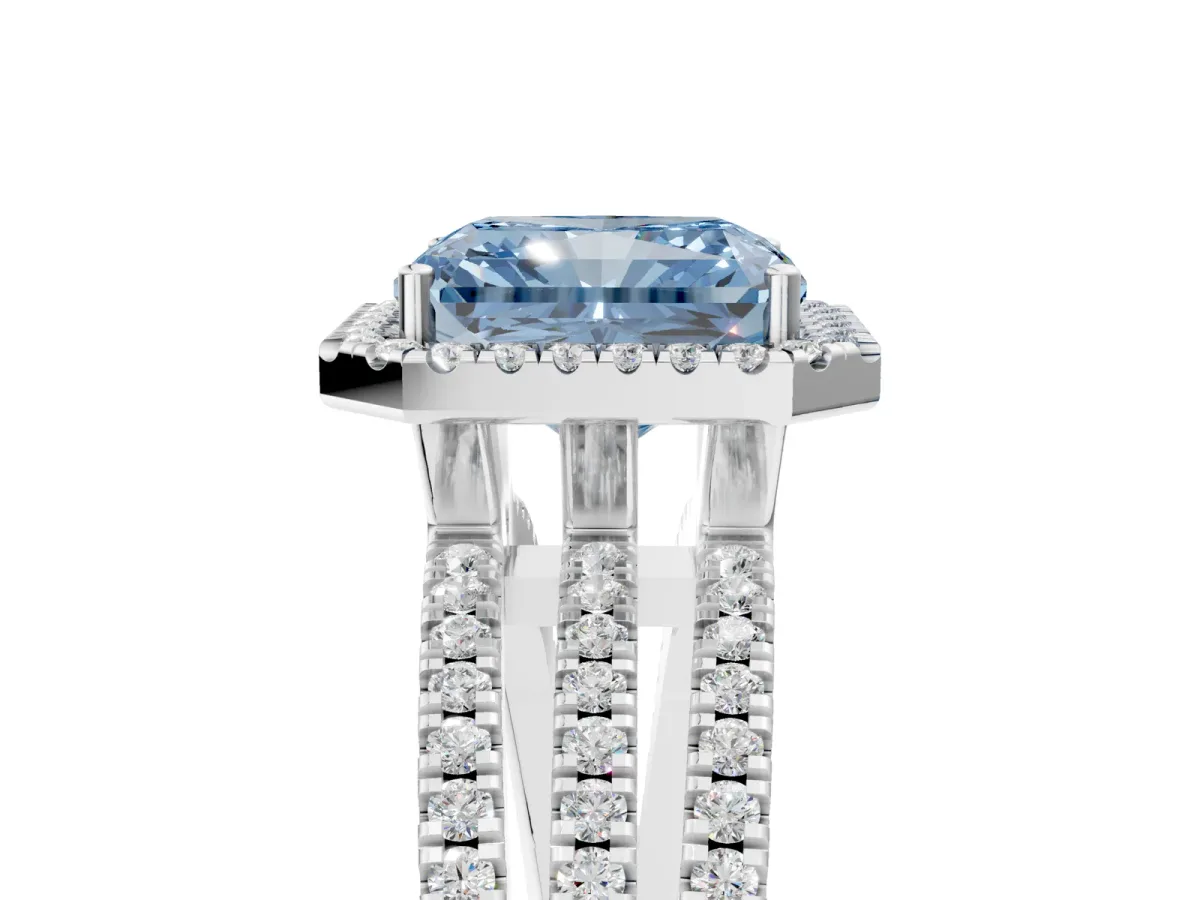 Fancy Blue Radiant Cut Diamond Halo Engagement Ring with Split Shank and Four-Prong Setting Platinum