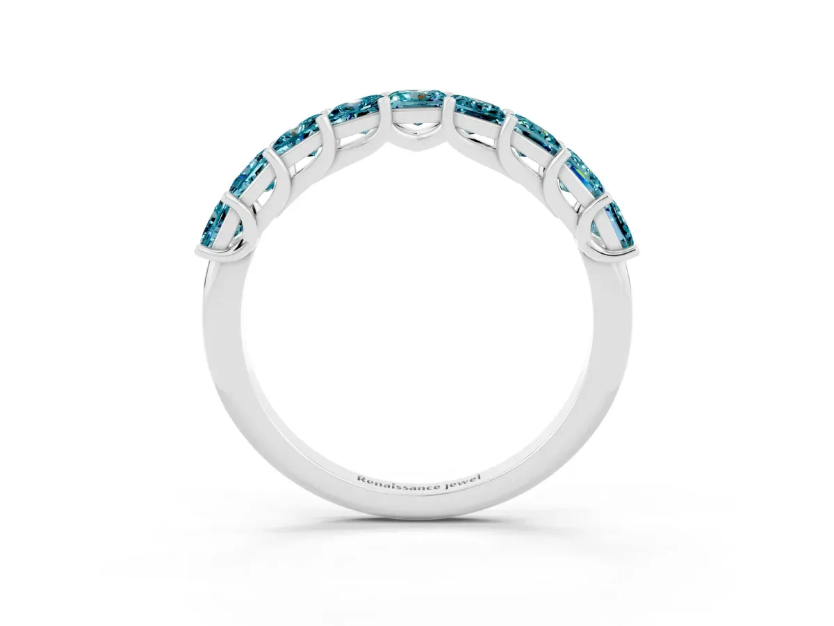 Princess Cut Blue Topaz Channel-Set Eternity Band with Prong Setting Silver