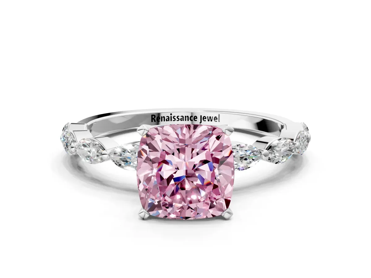 Fancy Pink Cushion Cut Diamond Ring with Marquise Side Stones and Prong Setting Platinum