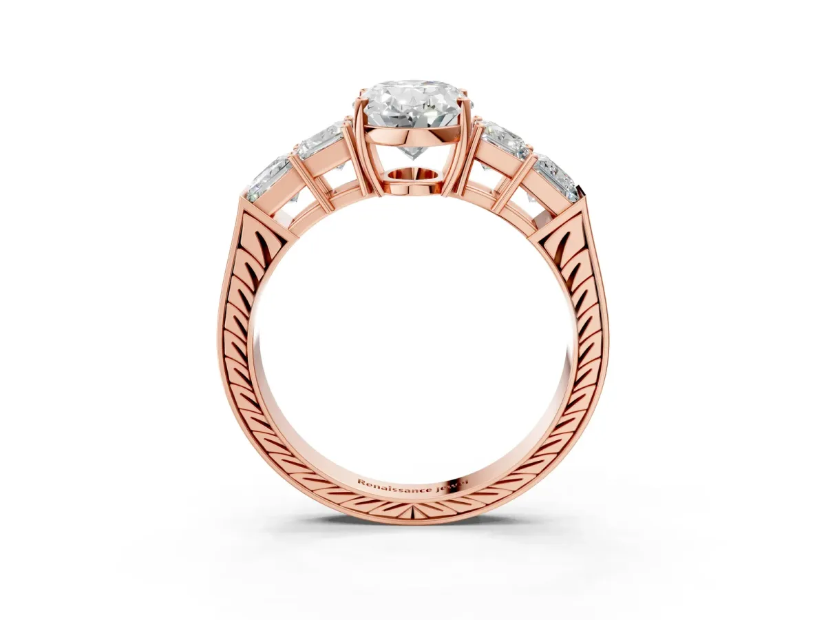 Oval Cut Solitaire Princess Side Stone Engraved Band Prong Setting Ring Rose gold